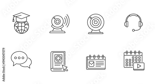 Online Education Icons Vector Set: Graduation Globe, Webcam, Headphones, Chat Bubbles, Book, Calendar, Video Player for E-learning and Remote Learning Concepts