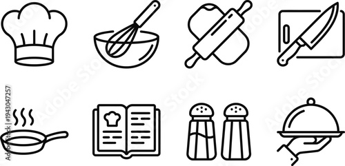 Professional Kitchen and Cooking Line Icon Set featuring Chef Hat, Whisk, Rolling Pin, Knife, Frying Pan, Cookbook, Salt Pepper Shakers, and Food Service Cloche Vector