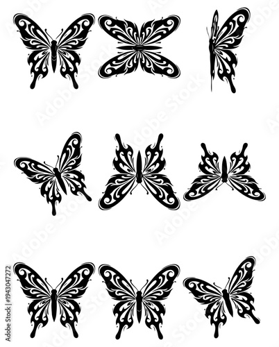 Collection of butterfly silhouettes and colorful vector butterfly illustrations for nature design and decorative patterns