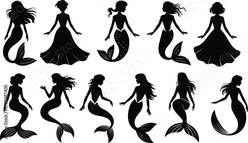 Vector illustration of mermaid silhouettes in diverse fantasy poses, mythical sea creature designs with flowing hair, tails, and whimsical aquatic elements