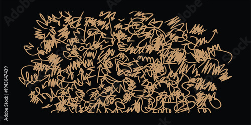 Golden chaotic scribble texture on black background creating abstract expressive art pattern