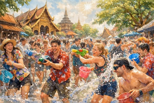 A joyful crowd of locals and tourists playfully splashing water along the street in the Songkran water festival in Thailand.