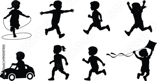 Kids Playing and Running Silhouettes with Jump Rope Toy Car and Kite, Happy Children Outdoor Activity Collection Isolated