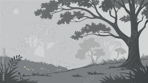 Atmospheric Misty Forest Landscape with Ancient Tree and Fireflies in Monochrome