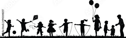 Happy Children Playing Outdoors Silhouettes with Ball Kite Jump Rope and Balloons, Kids Activity Scene on Grass Isolated