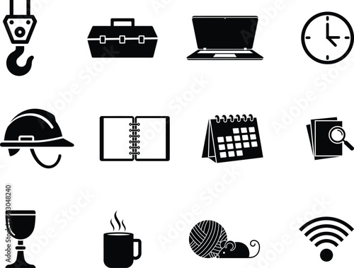 black and white icons of office and construction tools and symbols