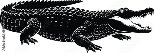 black and white illustration of a crocodile with open mouth and sharp teeth standing on four legs