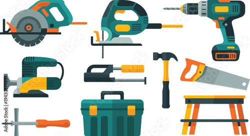 Carpentry and construction power tools set with drill circular saw jigsaw hammer toolbox and workbench handyman equipment vector illustration