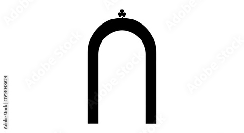 Black archway with a decorative top symbol against a white background, a minimalistic graphic design