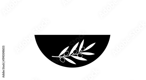 Minimalist Black and White Graphic Featuring an Elegant Olive Branch Within a Stylized Bowl Shape