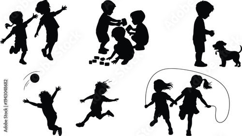 Children Playing Silhouettes Collection with Kids Jumping Running Playing Ball Building Blocks Walking Dog and Skipping Rope Isolated Vector Set