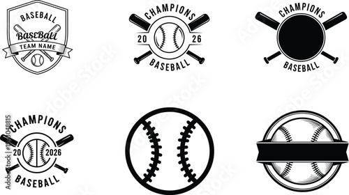 Collection of baseball logos and icons with bats and balls