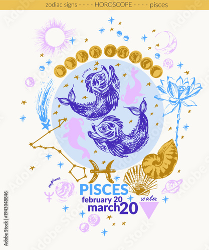 Hand drawn water zodiac sign illustration. Pisces horoscope background with astrology symbols and talismans.