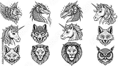 Fantasy animal portraits collection of detailed line art illustrations