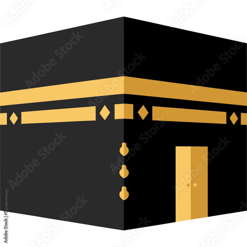 Sacred House: An emblem of devotion, a minimalist rendering of the Kaaba stands in serene simplicity, its geometric form a beacon of faith, drawing eyes toward its hallowed presence.