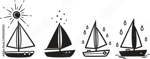 Four sailboats in different weather conditions