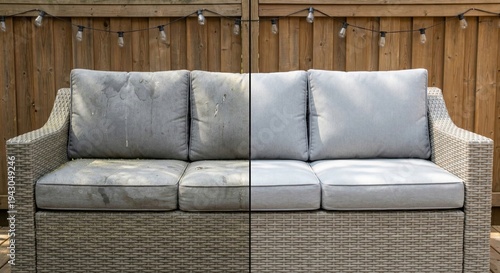 Outdoor patio sofa before and after cleaning transformation.