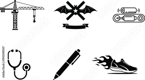 Collection of various black and white icons on a white background