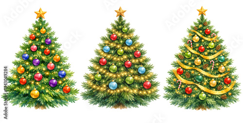 A charming watercolor collection of decorated Christmas trees featuring festive ornaments, glowing lights, and holiday decorations.
