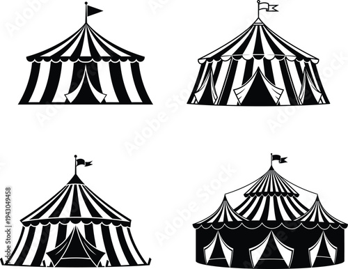 collection of various classic striped circus tents with flags on top