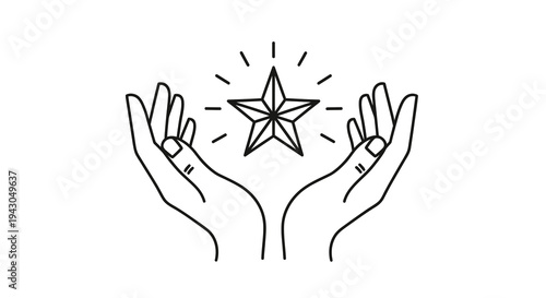Open Hands Holding Shining Star Vector Illustration, Symbol of Hope, Success, and Dreams, Minimalist Design for Inspiration and Achievement Concepts