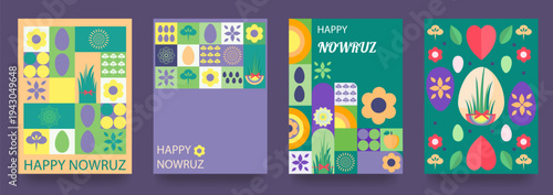 A set of postcards with the Novruz holiday. Novruz Bayram background template. Spring flowers, painted eggs and wheat germ. Geometric mosaic. Vector illustration