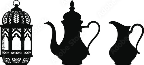 Arabic Lantern and Traditional Coffee Pot Silhouettes Set Islamic Ramadan Kareem Cultural Elements Isolated Black Vector for Design