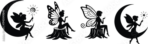 Vector illustration of fairies sitting on crescent moons and tree stumps, magical silhouettes with wings, wands, sparkles, and whimsical fantasy design