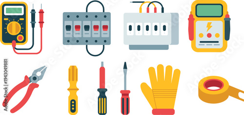 Electrical tools and equipment set including multimeter, switches, pliers, screwdrivers, insulation tape and safety gloves for electrician work vector illustration