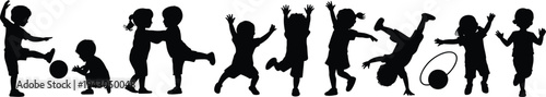 Happy Kids Playing Silhouettes Collection with Children Jumping Dancing Playing Ball and Handstand Isolated Black Silhouette Set for Design