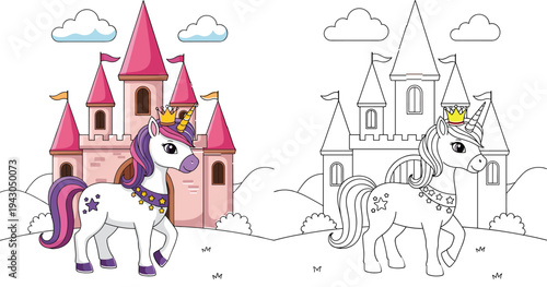 Fantasy unicorn with crown near pink castle, magical clouds and grass scene, children coloring activity, fairytale kingdom flat vector illustration