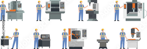 Factory workers operating CNC machines and industrial manufacturing equipment set with milling drilling and machining tools vector illustration for production industry
