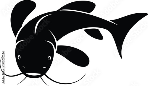 Catfish silhouette vector illustration, freshwater fish icon with whiskers, aquatic animal design for fishing, wildlife logo isolated on white