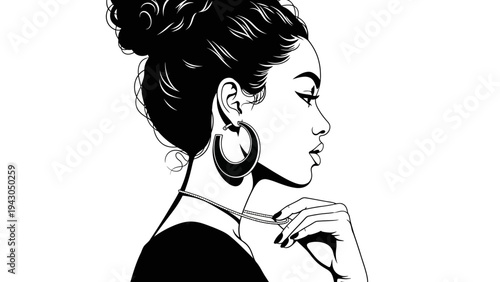 Elegant Woman Profile, Black and White, Stylish Hairstyle, Hoop Earrings, Minimalist Portrait