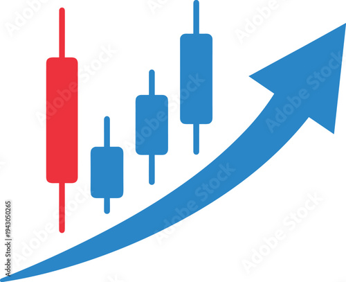 Financial candlestick chart vector illustration, upward arrow, bullish trend, stock market growth, trading analysis, investment design, currency artwork, flat vector illustration