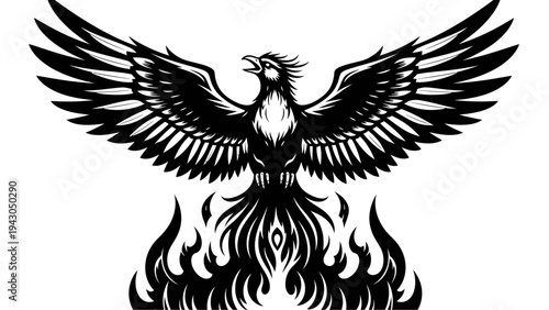 Phoenix Bird Rising From Flames, Symbol of Rebirth and Immortality, Black and White Illustration