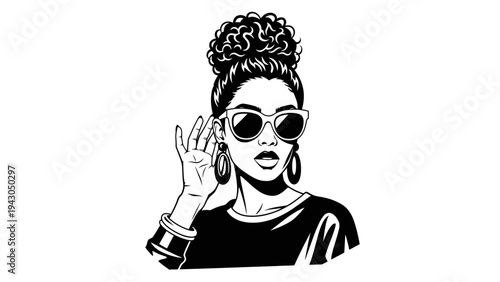Stylish Black Woman with Sunglasses and Updo Hairstyle, Vector Art
