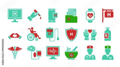 Modern healthcare icon pack including hospital building, shield protection, doctor, medicine bottle, and medical monitoring tools.