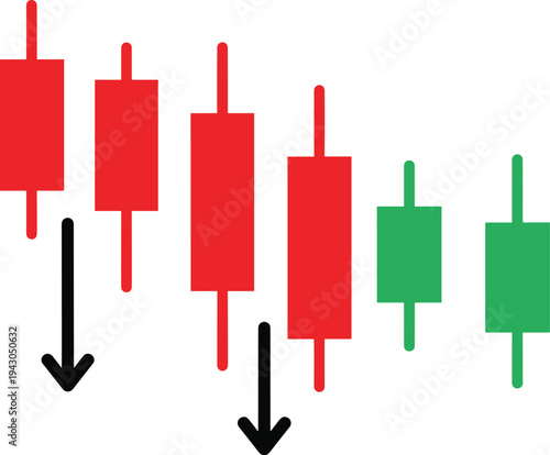 Flat vector illustration of bearish candlestick chart, red and green trading patterns, forex market analysis, cryptocurrency investment, financial data visualization design
