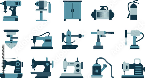  Flat vector set of sewing machines and textile equipment icons, industrial and domestic sewing tools, serger, press, drill, overlocker, bobbin, stitcher