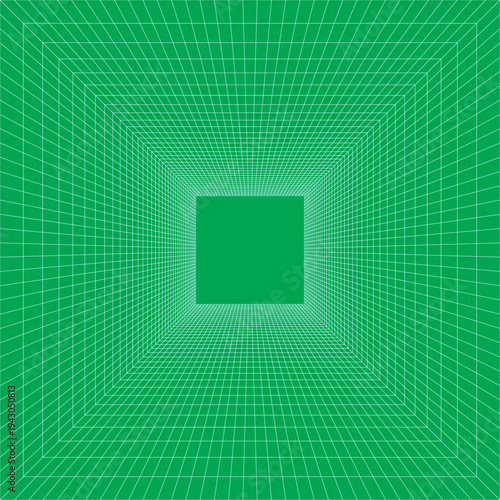 3d wireframe grid room. 3d perspective laser grid 16 9.. Cyberspace blue background with white mesh. Futuristic digital hallway space in virtual reality. Vector illustration.