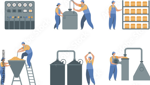 Food factory workers operating industrial processing machines with storage tanks control panel and production equipment vector illustration set for manufacturing industry