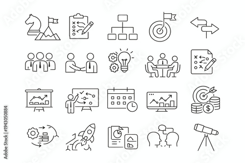 Illustrations of strategic planning, teamwork, and business growth concepts