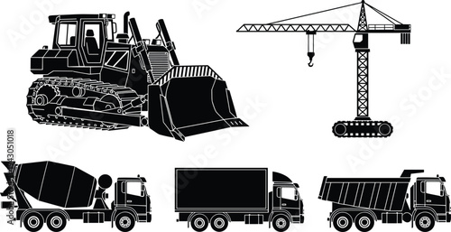 Heavy construction machinery silhouette set featuring bulldozer, tower crane, concrete mixer truck, cargo box truck, and dump truck isolated on white background