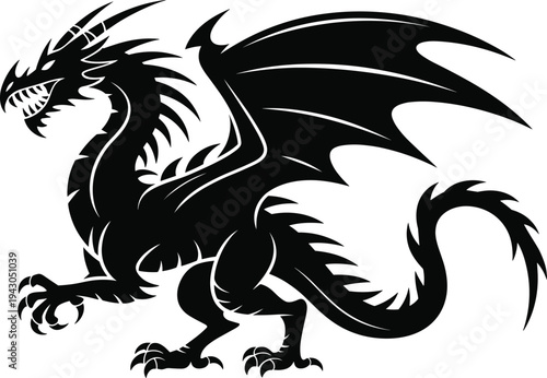 Vector illustration of dragon silhouette with wings spread, mythical fantasy creature design symbolizing power, mystery, imagination, and legendary strength
