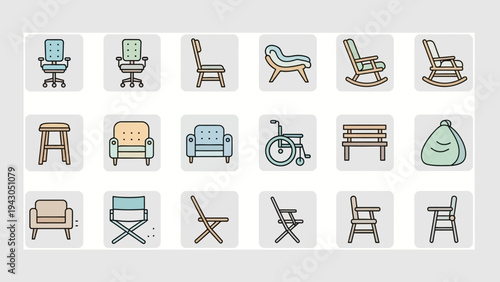 Collection of various chair illustrations in colorful outline style design