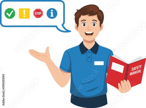 Friendly safety instructor holding a red safety manual, presenting workplace safety icons for employee training, risk awareness, compliance and emergency procedure illustration