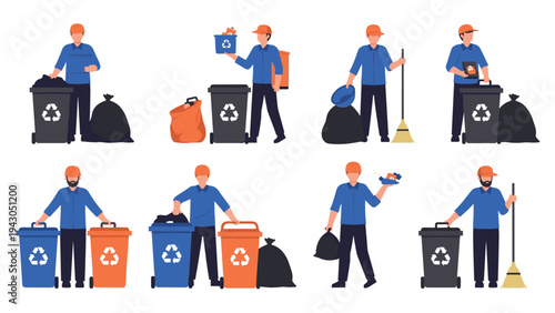Set of sanitation workers in blue uniforms and orange hats collecting trash, sweeping streets, and managing recycle bins in different poses.