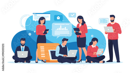 Group of diverse business people using laptops and tablets to collaborate on a digital project with abstract technology icons in the background.