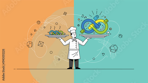 Professional chef in a white uniform holding two trays with glowing infinity symbols representing sustainable food production and endless culinary creativity.